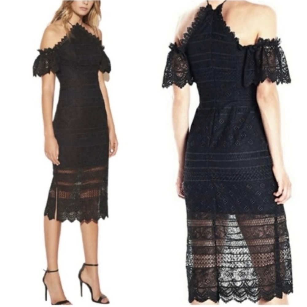 AMUR Tamara Black Lace Open Shoulder Halter Neck Illusion Dress size 00